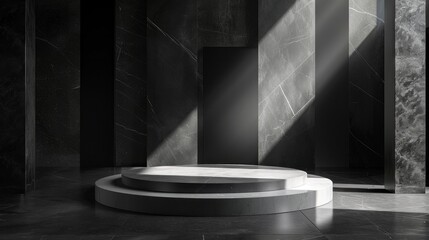 Minimalist Product Presentation - A sleek podium, bathed in soft spotlights, provides an elegant platform for product showcases against a geometric stone backdrop.