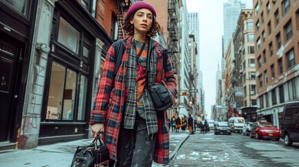 model confidently strutting down a city street  their outfit defying traditional gender norms and expressing their individual style - obrazy, fototapety, plakaty