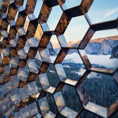 A closeup of the edge of hexagonal architecture, with a backdrop of Yosemite National Park The background is filled with images of the majestic mountains and misty valleys, creating an immersive scene