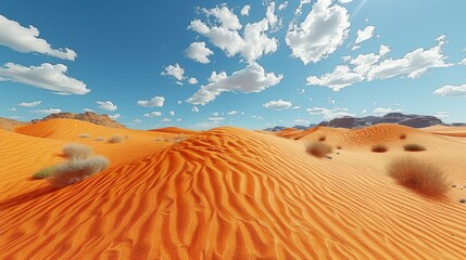   A collection of sand dunes in the desert beneath a blue sky, adorned with white clouds, and featuring a handful of bushes in the foreground - obrazy, fototapety, plakaty
