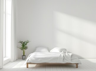 Minimalist single bed with window and curtain in the bedroom