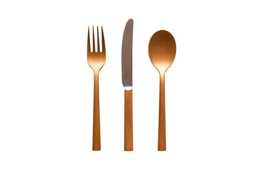 Set of copper spoon, fork and knife. Isolated transparent PNG background cutout. 