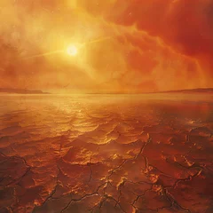 Schilderijen op glas An alien landscape with a red sun and a cracked desert floor. © peeradol