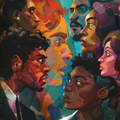 An illustration of a diverse group of people of different ethnicities and ages, all looking at each other with serious expressions on their faces.