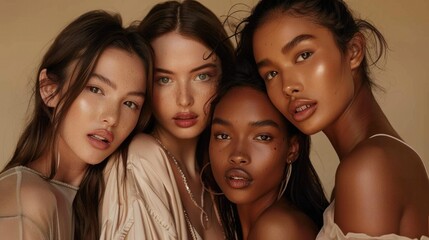 Obraz premium Portrait of beautiful women with natural glow and smooth skin, showcasing diverse beauty.