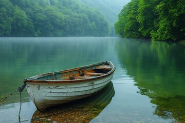 Obraz premium An old white rowboat tethered near the shore of a serene lake surrounded by dense fog and forest