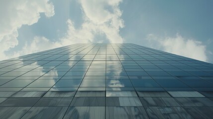 Fototapeta na wymiar Modern skyscraper reaching into sky, reflecting clouds on its glass surface. Architecture and Urban Development.