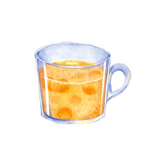 Sea buckthorn branch with orange berries. Branch with Fresh ripe berries and leaves. Hand drawn watercolor illustration isolated on white background. 