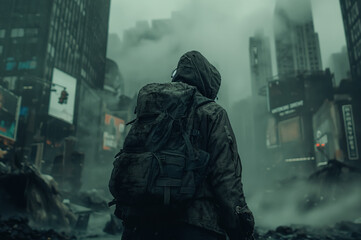 Survivals in a post-apocalyptic city. Man standing against the backdrop of a ruined city, ruined city buildings.