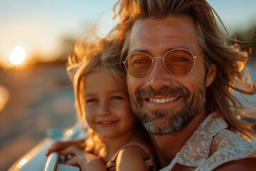 A cheerful father with sunglasses enjoying quality time with his daughter during sunset