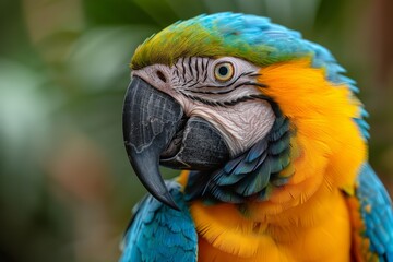 Fototapeta premium A detailed close-up portrait of a macaw parrot showcasing its vibrant blue and yellow feathers and intelligent gaze