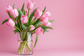 Bouquet of pink tulips in a vase. Simple pink background.