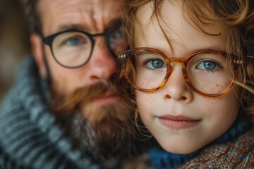 Father and daughter with similar glasses share a moment, showing resemblance and connection - obrazy, fototapety, plakaty