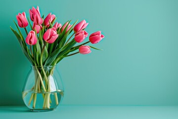 Bouquet of pink tulips in a vase before simple teal background.