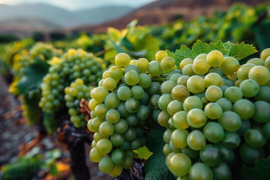 Crisp image of green grape bunches ready for harvest with a backdrop of green vine rows and serene sky