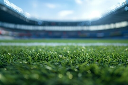 Sunlit stadium grass, empty seats background.