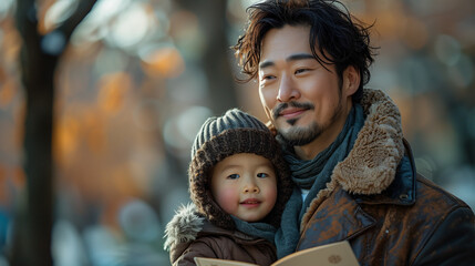 Obraz premium Man holding small child in arms. Generative AI