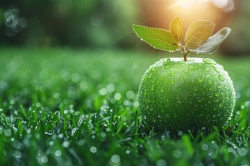 Close-up of a fresh, green apple with water droplets on it, lying on vibrant grass under sunlight - obrazy, fototapety, plakaty