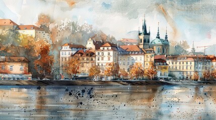 Panoramic Watercolor. European Cityscape by the River (Alternate) - obrazy, fototapety, plakaty
