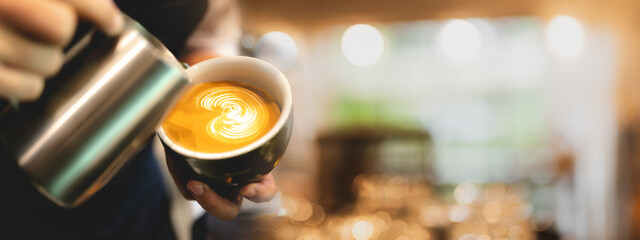 Morning Cafe Banner: Hot Latte and Espresso Beverage Business. Closeup Cup of Cappuccino on Background of Cafes. Breakfast Drink for Caffeine Lovers in Hot Shop