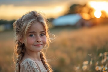 Serene young girl with a braid and smile in a golden wheat field at sunset