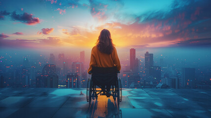 Woman in wheelchair overlooking city. Generative AI
