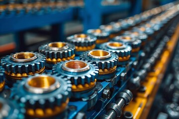 High precision machine gears lined up in a modern manufacturing facility representing industry and technology