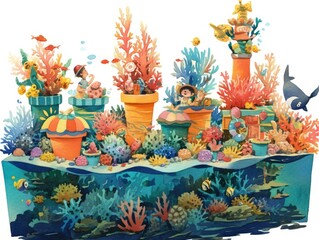 Colorful Coral Cove Carnival Children Frolicking in Vibrant Underwater Flowerbed Scene