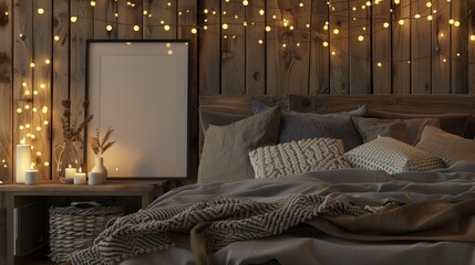 Warm and inviting 3D scene featuring minimalist frame on rustic wooden nightstand in dimly lit bedroom with twinkling fairy lights.