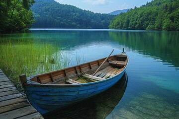 Naklejka na ściany i meble The calmness of a secluded mountain lake is encapsulated by an old blue wooden boat moored at the dock