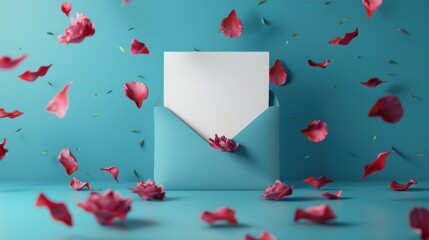 Romantic 3D scene with a blank white note card and rose petals on a textured cyan background, symbolizing love and connection.