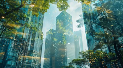 Green forest overlay landscape on downtown green city double exposure cityscape