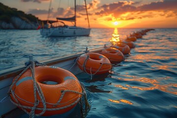 Sunset at sea with vivid orange lifebuoys on a dock and a yacht in the background