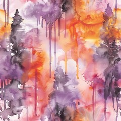 Abstract Watercolor Fusion of Sunset Hues and Forest Shadows