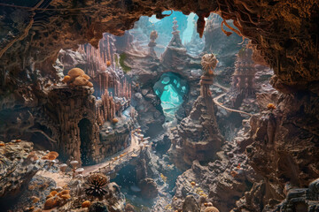 Ancient Underwater Ruins Captured in a Dreamlike Oceanic Cave Setting