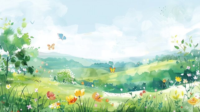 Whimsical watercolor scene with lush green hills, clear blue sky, and blooming flowers, capturing the essence of spring.