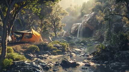 Craft a digital rendering using CG 3D rendering technique, blending futuristic technologies with wilderness camping scene Show an unexpected camera angle capturing the scene from eye-level perspective - obrazy, fototapety, plakaty