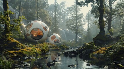 Craft a digital rendering using CG 3D rendering technique, blending futuristic technologies with wilderness camping scene Show an unexpected camera angle capturing the scene from eye-level perspective - obrazy, fototapety, plakaty