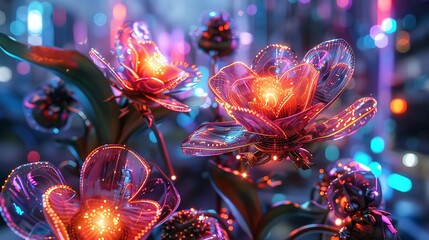 Craft a photorealistic digital rendering of a Cybernetic Garden of Robotic Flowers Show intricate details of metallic petals, glowing circuits, and vibrant neon colors Amplify the futuristic essence - obrazy, fototapety, plakaty