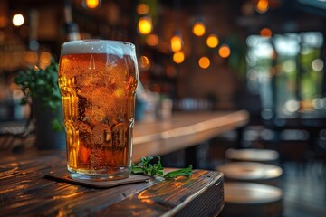 A refreshing pint of beer with a frothy head sits on a wooden counter in a cozy bar setting with warm lighting