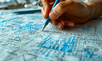 Hand holds pen and points to blue print.