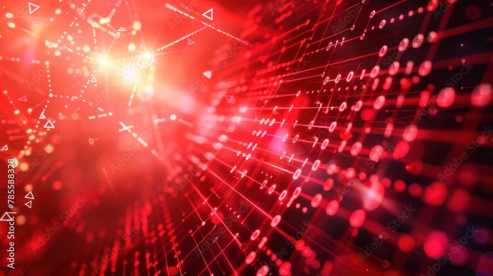Poster digital matrix background - red fiber optic cables with binary code, geometric icons, and data point