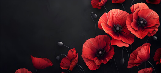 Stylized red poppies on black background, a symbol of remembrance and honor for veterans, perfect for commemorative events and memorial designs. - obrazy, fototapety, plakaty