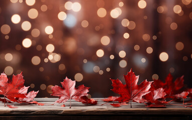 Group of red leaves on wooden table. Generative AI