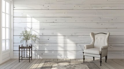 Shiplap wall in a farmhouse living room, adorned with vintage decor and featuring a blank space for personal touches.