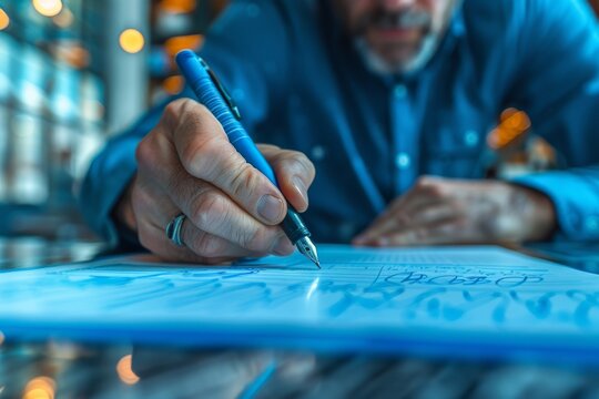 Detailed image showing a focused man sketching in a notebook with a blue pen, highlighting creativity and planning