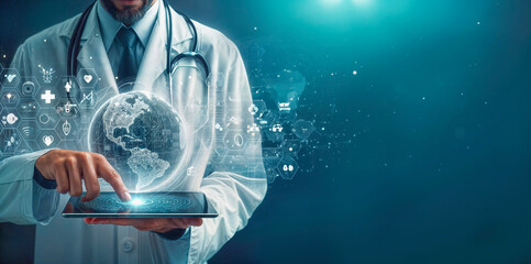 Doctor using tablet pc with global medical network concept. 3D rendering
