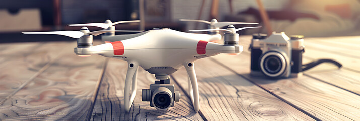 Modern technology drone in table with a camera and blur background