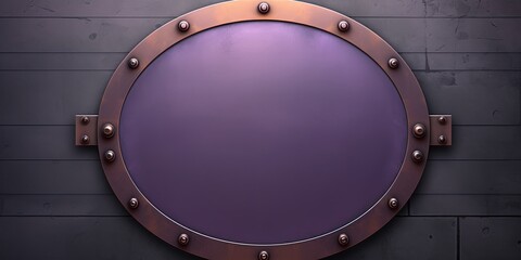 Violet large metal plate with rounded corners is mounted on the wall. It is a 3d rendering of a blank metallic signboard 