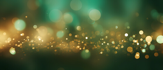 Abstract blur bokeh banner background, gold bokeh on defocused emerald green background banner - Powered by Adobe